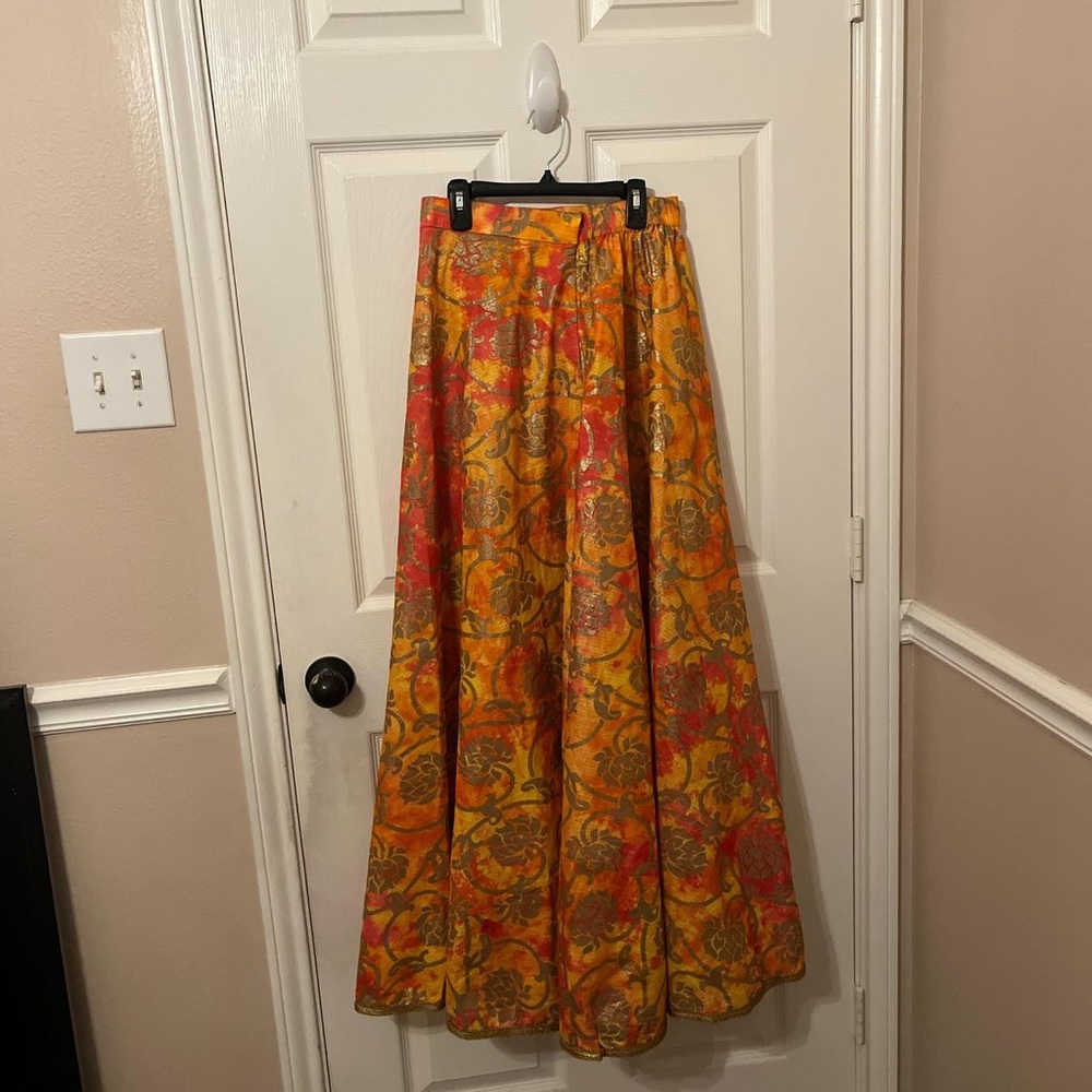 Vibrant Orange and Red Patterned Maxi Skirt